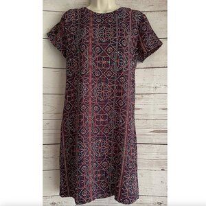 ADRIENNE VITTADINI Navy Blue Red White Geometric Print Short Sleeve Shift Dress